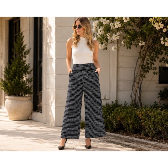 New York & Company Pants - NY & Co Black White Tweed Wide Leg Crop Pants Sz M Textured Lined Zip High Rise
